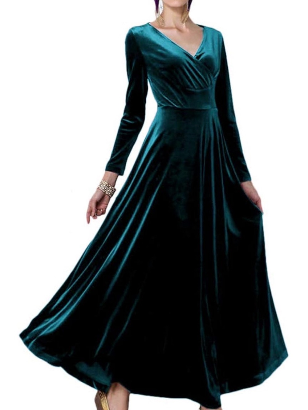 Urban CoCo Women Long Sleeve V-Neck Velvet Stretchy Long Dress